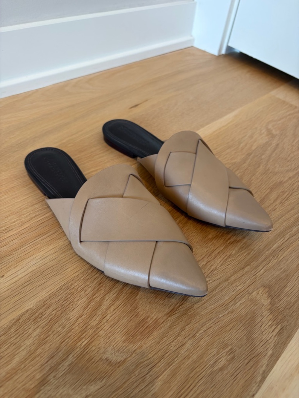 Mercedes Castillo Taupe Leather Woven Point Toe Flat Mules